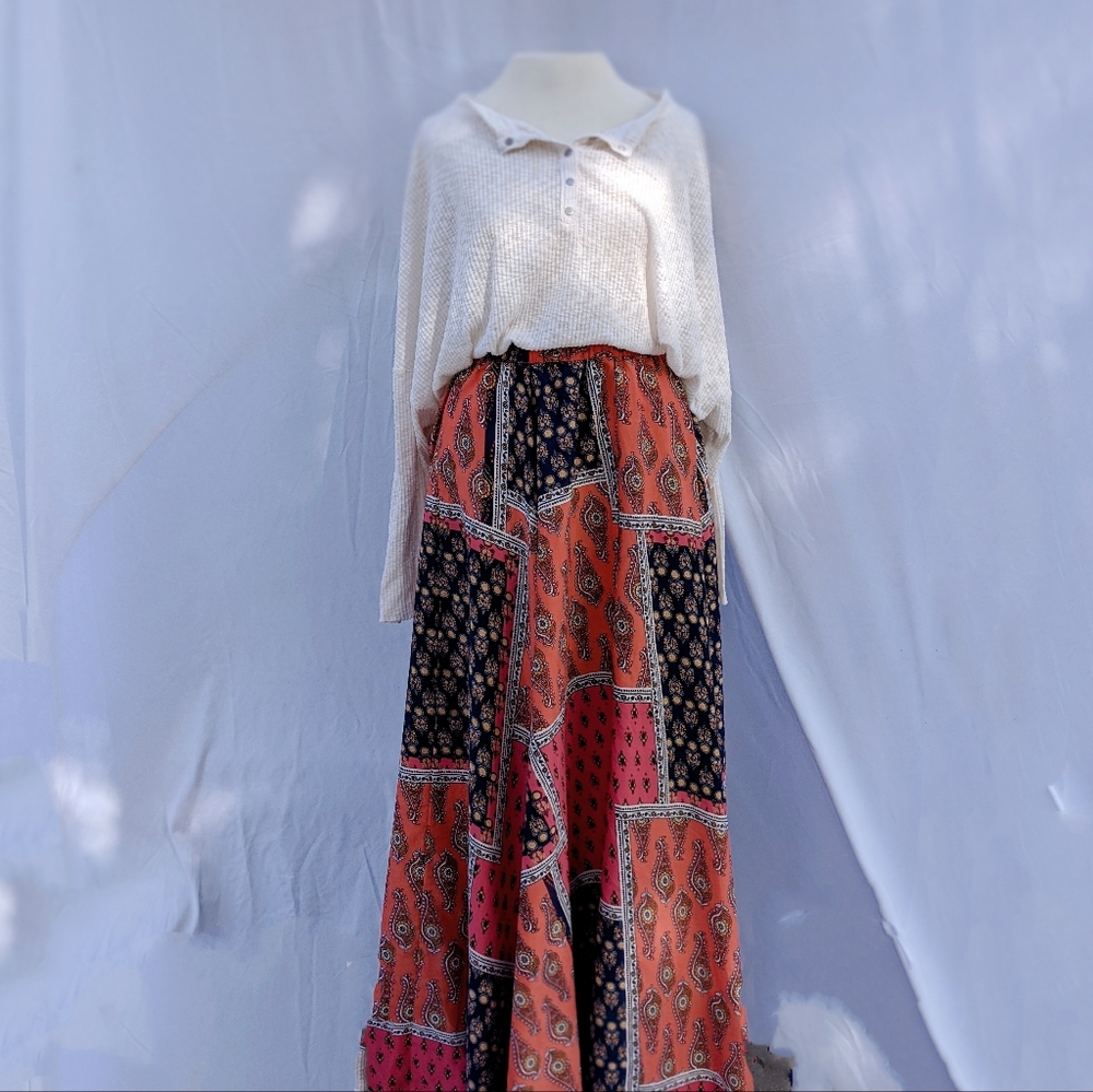 Boho Paisley Patchwork Print Maxi Circle Skirt Sz Large